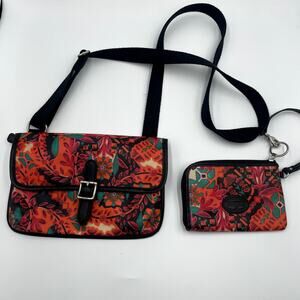 Fossil Key-Per Floral Coated Canvas Crossbody Purse + Wallet Wristlet Pink Black